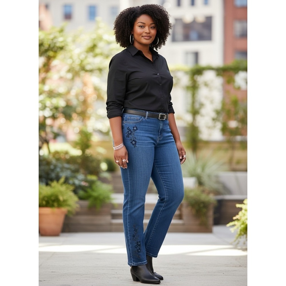 Lee Straight Leg Jeans Women 18 Blue Floral Embroidered Flex Motion